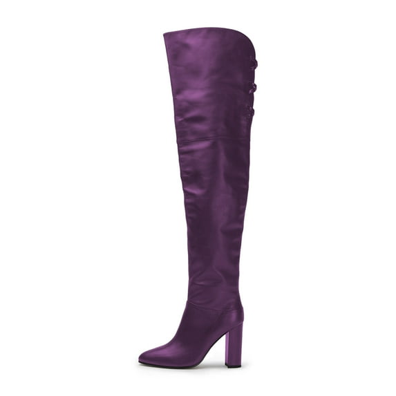 FSJ Women Sexy Chunky Thigh High Heel Back Lace Up Over The Knee Boots Almond Closed Toe Side Zipper Boots Wide Calf Dress Shoes Size 7.5 Purple