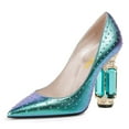 thumbnail image 1 of FSJ Women Sexy Crystal Chunky Block High Heel Pumps Rhinestone Pointed Closed Toe Slip On Bridal Party Wedding Dressy Shoes Size 10.5 Turquoise Studded, 1 of 5