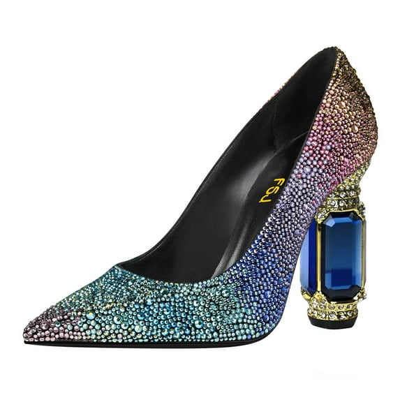 FSJ Women Sexy Crystal Chunky Block High Heel Pumps Rhinestone Pointed Closed Toe Slip On Bridal Party Wedding Dressy Shoes Size 6.5 Multicolor Rhinestones