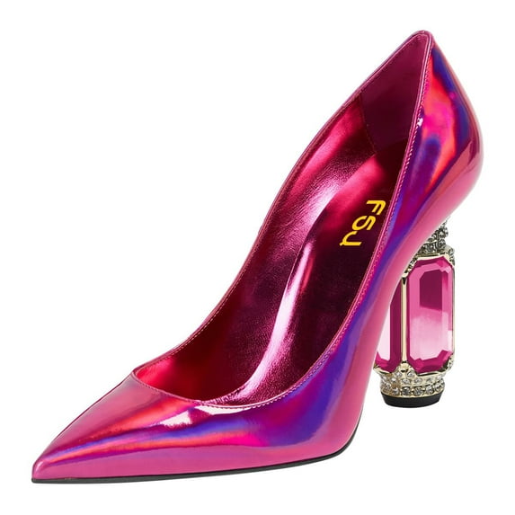 FSJ Women Sexy Crystal Chunky Block High Heel Pumps Rhinestone Pointed Closed Toe Slip On Bridal Party Wedding Dressy Shoes Size 9.5 Fuchsia Mirror Leather