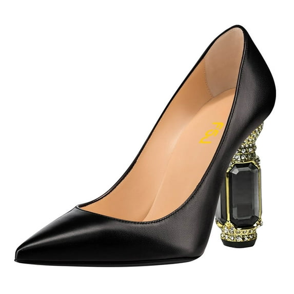FSJ Women Sexy Crystal Chunky Block High Heel Pumps Rhinestone Pointed Closed Toe Slip On Bridal Party Wedding Dressy Shoes Size 10.5 Black