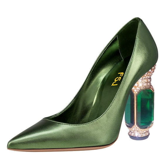 FSJ Women Sexy Crystal Chunky Block High Heel Pumps Rhinestone Pointed Closed Toe Slip On Bridal Party Wedding Dressy Shoes Size 16 Green