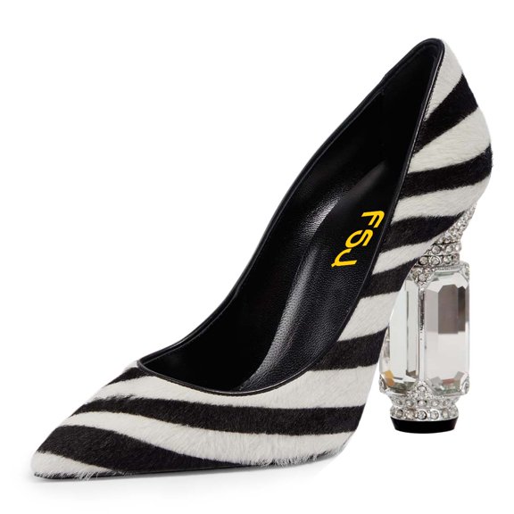 FSJ Women Sexy Crystal Chunky Block High Heel Pumps Rhinestone Pointed Closed Toe Slip On Bridal Party Wedding Dressy Shoes Size 16 Zebra