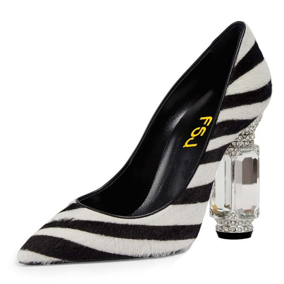 FSJ Women Sexy Crystal Chunky Block High Heel Pumps Rhinestone Pointed Closed Toe Slip On Bridal Party Wedding Dressy Shoes Size 7.5 Zebra