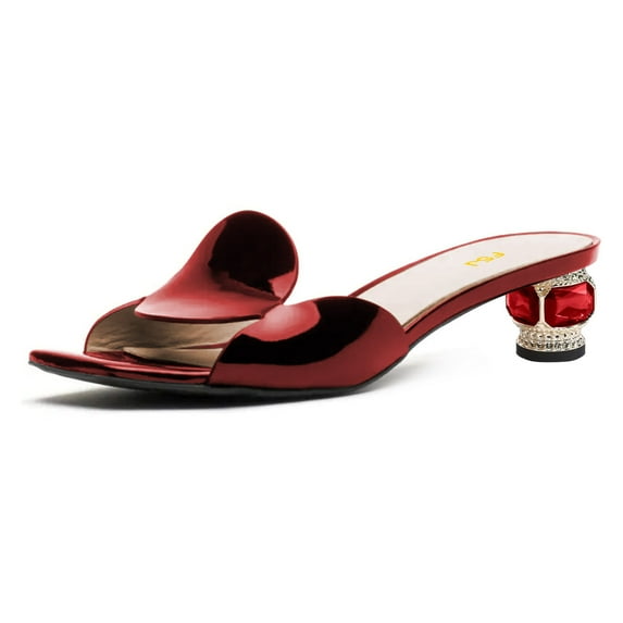 FSJ Women Sexy Crystal Low Chunky Block Heel Backless Sandals Comfortable Mules Square Open Toe Heeled Slip On Slippers Shoes Size 5 Red