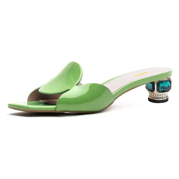 FSJ Women Sexy Crystal Low Chunky Block Heel Backless Sandals Comfortable Mules Square Open Toe Heeled Slip On Slippers Shoes Size 6 Green