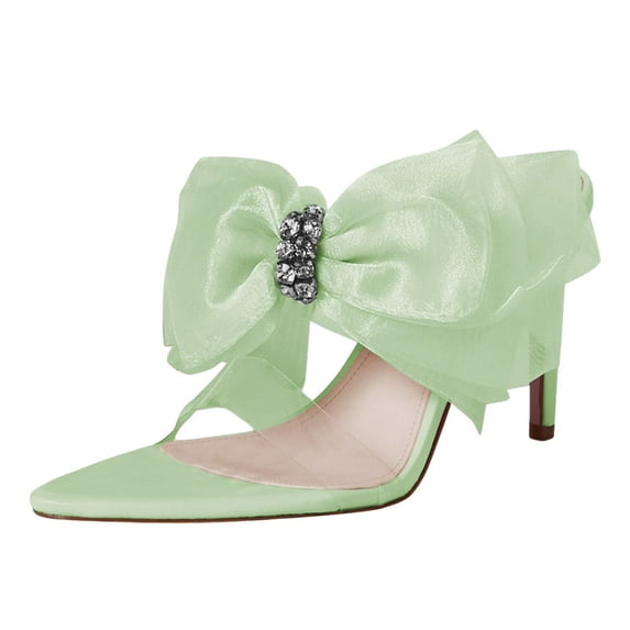 FSJ Women Sexy Cute Chiffon Pointed Open Toe Sandals Bow Slip On Stiletto High Heel Mules Daily Walking Party Dressy Shoes Size 13 Green