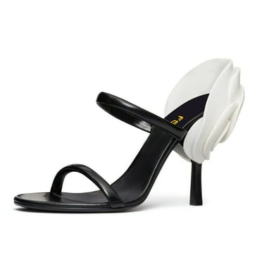 FSJ Women Sexy Flower Stiletto Thin High Heels Mules Open Toe Slip On Back Rose Sandals Bridal Wedding Shoes Size 8 Black