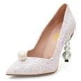 thumbnail image 1 of FSJ Women Sexy Pearls Studded High Heel Pumps Pointy Close Toe Slip On Beaded Pumps Wedding Prom Party Dress Shoes Size 8 Glitter, 1 of 4