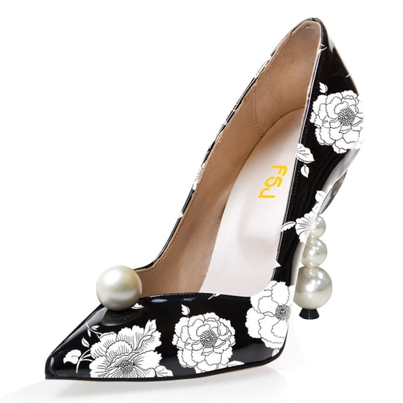 FSJ Women Sexy Pearls Studded High Heel Pumps Pointy Close Toe Slip On Beaded Pumps Wedding Prom Party Dress Shoes Size 9.5 Flower