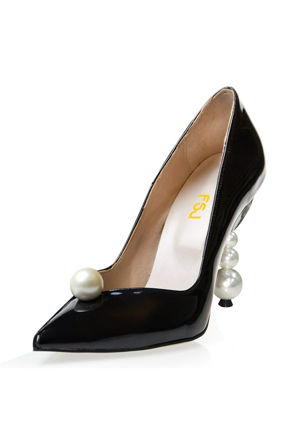 Women Sexy Pearls Studded High Heel Pumps Pointy Close Toe Slip On Beaded Pumps Wedding Prom Party Dress Shoes Size 9 Black