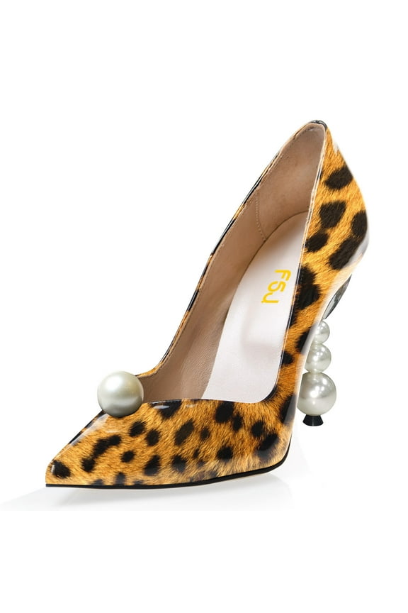 Women Sexy Pearls Studded High Heel Pumps Pointy Close Toe Slip On Beaded Pumps Wedding Prom Party Dress Shoes Size 9 Leopard