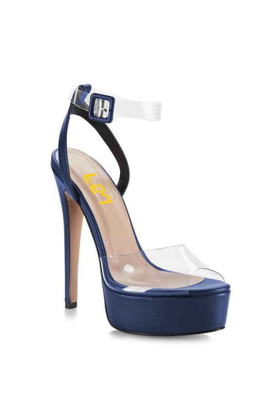 Women Sexy Peep Almond Toe Transparent Strap Sandals Platform Buckle Stiletto High Heels Party Banquet Date Shoes Size 15 Blue