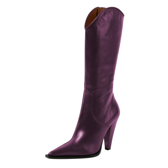 FSJ Women Sexy Pointed Closed Toe Knee High Boots Side Zipper Cone Heel Western Mid Calf Cowboy Boot Fashion Party Dressy Shoes Size 12 Purple