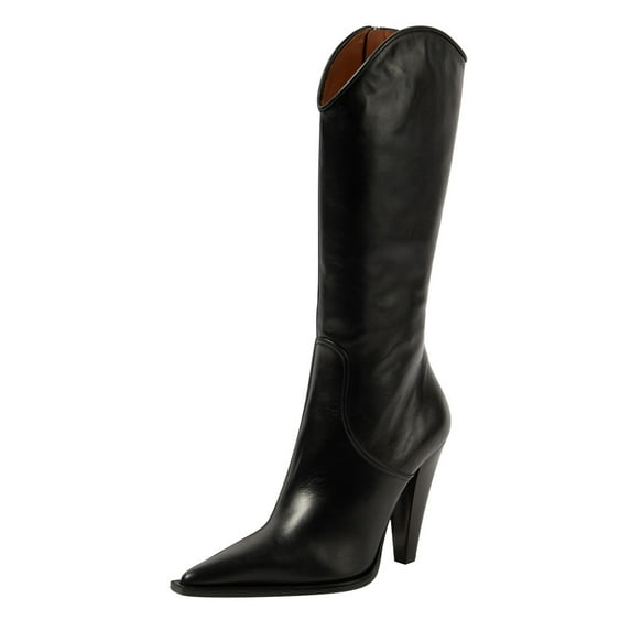 FSJ Women Sexy Pointed Closed Toe Knee High Boots Side Zipper Cone Heel Western Mid Calf Cowboy Boot Fashion Party Dressy Shoes Size 7 Black