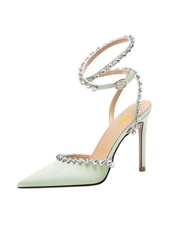 Women Sexy Pointed Closed Toe Pumps Sparkling Rhinestone Lace Up Sandals Stiletto High Heels Slingback Wedding Bridal Dress Shoes Size 12 Green