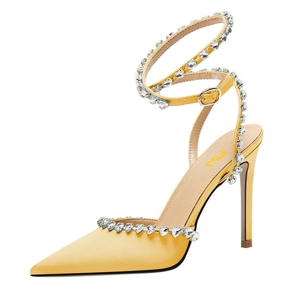 FSJ Women Sexy Pointed Closed Toe Pumps Sparkling Rhinestone Lace Up Sandals Stiletto High Heels Slingback Wedding Bridal Dress Shoes Size 6.5 Yellow