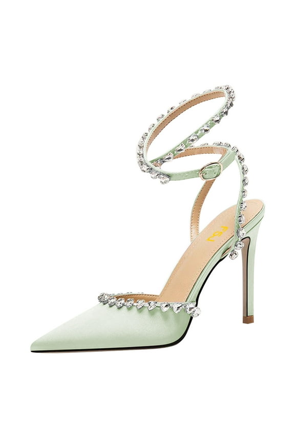 Women Sexy Pointed Closed Toe Pumps Sparkling Rhinestone Lace Up Sandals Stiletto High Heels Slingback Wedding Bridal Dress Shoes Size 8.5 Green