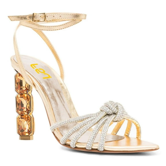 FSJ Women Sexy Pointed Open Toe Crystal High Heels Strap Knot Buckled Ankle Strap Sandals Cocktail Party Dressy Shoes Size 16 Champagne