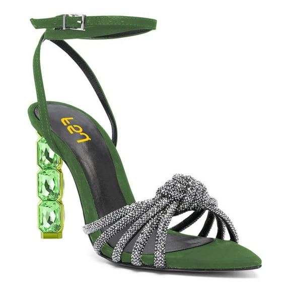 FSJ Women Sexy Pointed Open Toe Crystal High Heels Strap Knot Buckled Ankle Strap Sandals Cocktail Party Dressy Shoes Size 16 Green
