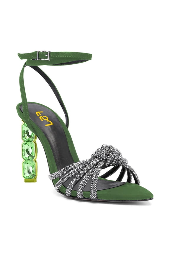 Women Sexy Pointed Open Toe Crystal High Heels Strap Knot Buckled Ankle Strap Sandals Cocktail Party Dressy Shoes Size 8 Green