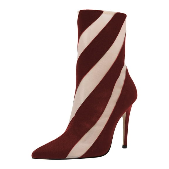 FSJ Women Sexy Pointed Toe Ankle Boots Elastic Mesh Multicolor Stiletto Heel Side Zipper Sock Booties Casual Shoes Size 14 Red