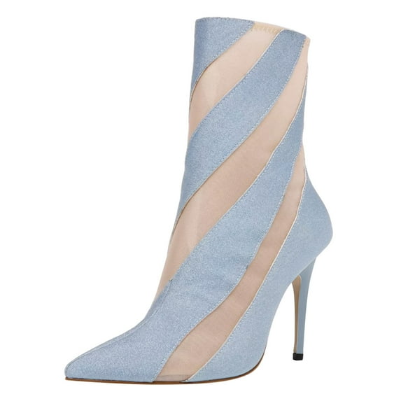 FSJ Women Sexy Pointed Toe Ankle Boots Elastic Mesh Multicolor Stiletto Heel Side Zipper Sock Booties Casual Shoes Size 16 Light Blue