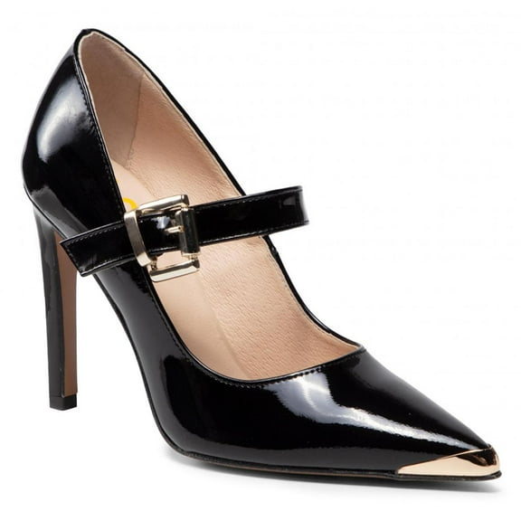 FSJ Women Sexy Pointed Toe Buckle Strappy Pumps Metal Studded Thin High Heels Formal Dress Work Shoes Size 7.5 Black