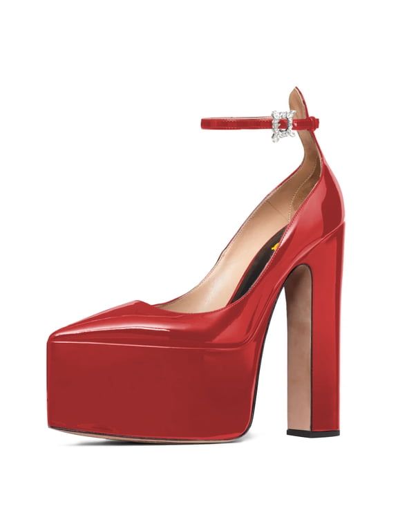 Women Sexy Pointed Toe Platform Pumps Buckled Ankle Strap High Block Heels Glossy Evening Night Dressy Shoes Size 8.5 Red