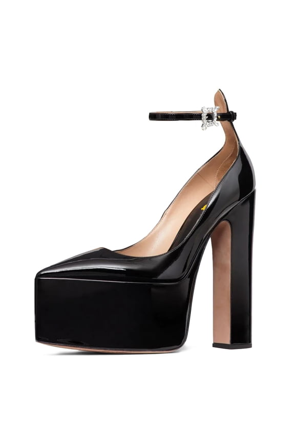 Women Sexy Pointed Toe Platform Pumps Buckled Ankle Strap High Block Heels Glossy Evening Night Dressy Shoes Size 8 Black
