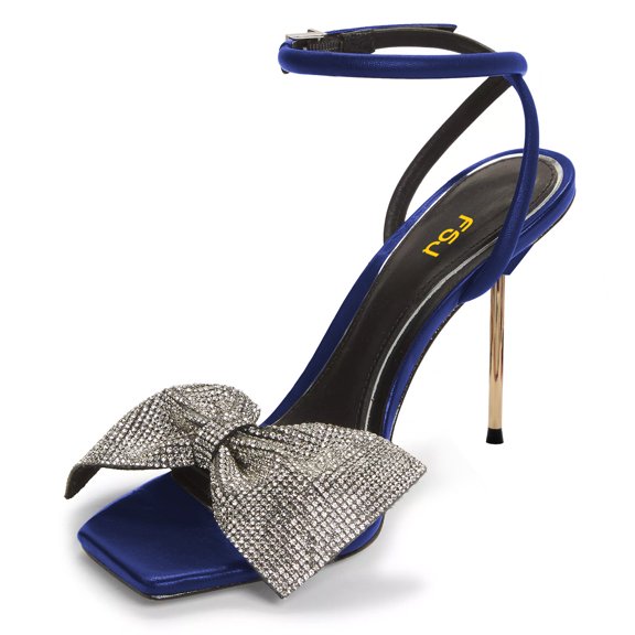 FSJ Women Sexy Rhinestones Bowknot Stiletto Thin High Heel Sandals Square Open Toe Ankle Buckle Strap Daily Walking Dress Shoes Size 10.5 Navy