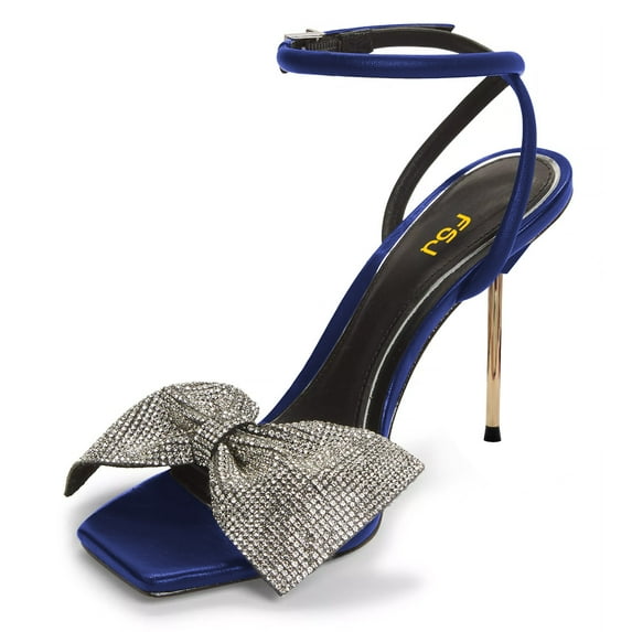 FSJ Women Sexy Rhinestones Bowknot Stiletto Thin High Heel Sandals Square Open Toe Ankle Buckle Strap Daily Walking Dress Shoes Size 12 Navy