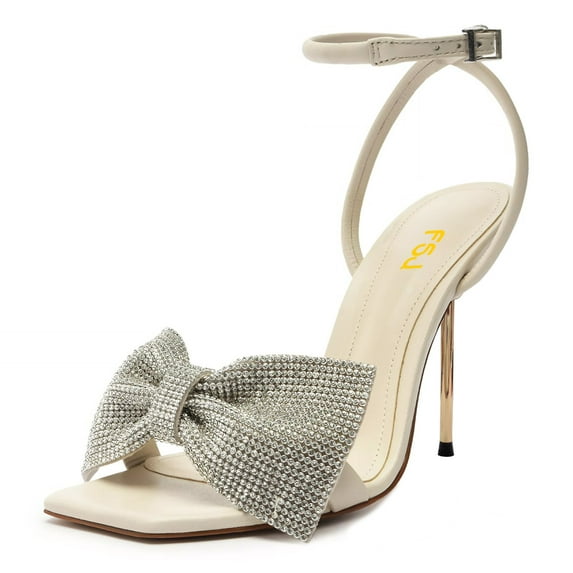 FSJ Women Sexy Rhinestones Bowknot Stiletto Thin High Heel Sandals Square Open Toe Ankle Buckle Strap Daily Walking Dress Shoes Size 9.5 White