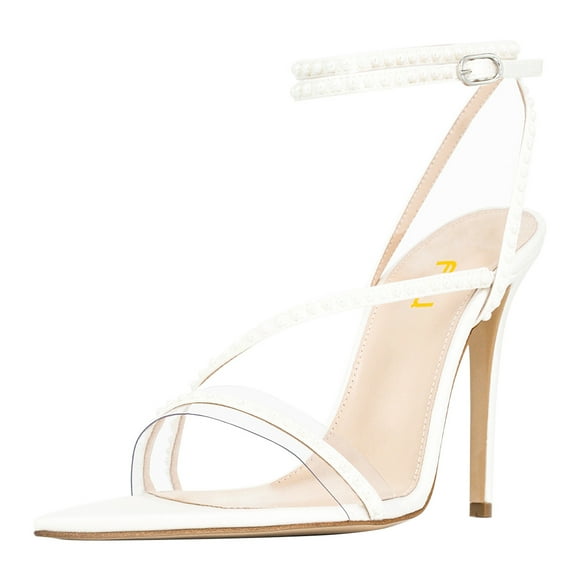 FSJ Women Sexy Rhinestones Pointed Open Toe Strappy Sandals Stiletto High Heel Studded Rivets Pumps Party Wedding Shoes Size 16 White