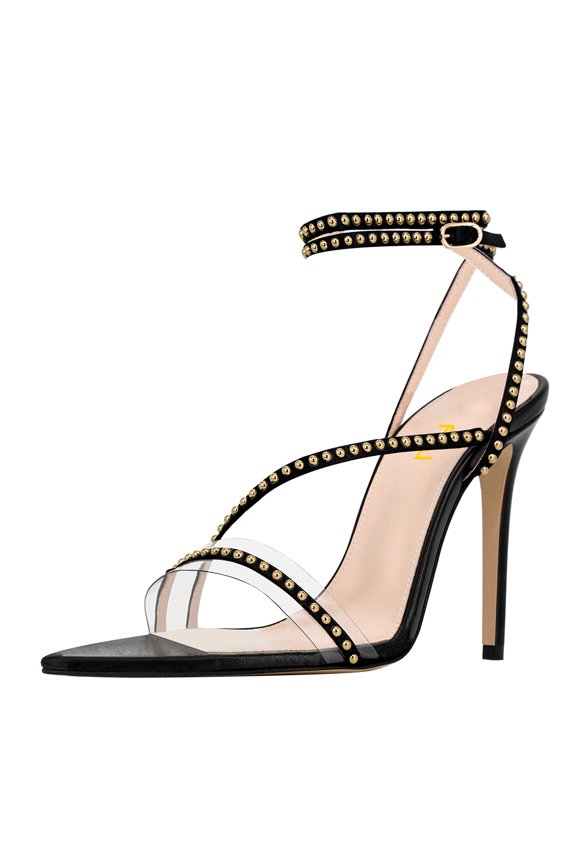 Women Sexy Rhinestones Pointed Open Toe Strappy Sandals Stiletto High Heel Studded Rivets Pumps Party Wedding Shoes Size 4 Black