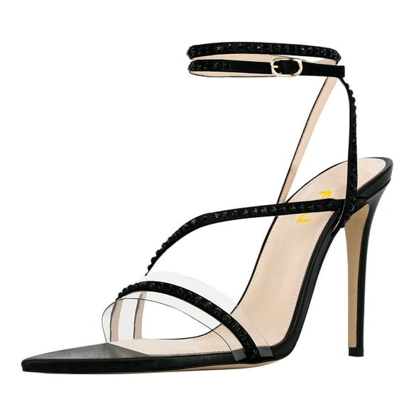 FSJ Women Sexy Rhinestones Pointed Open Toe Strappy Sandals Stiletto High Heel Studded Rivets Pumps Party Wedding Shoes Size 7 Black Studs