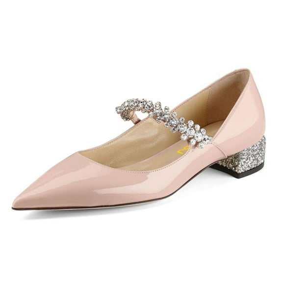 FSJ Women Sexy Rhinestones Pointed Toe Glitter Block Low Heels Pumps Band Slip On Office Work Wedding Dress Shoes Size 13 Pink