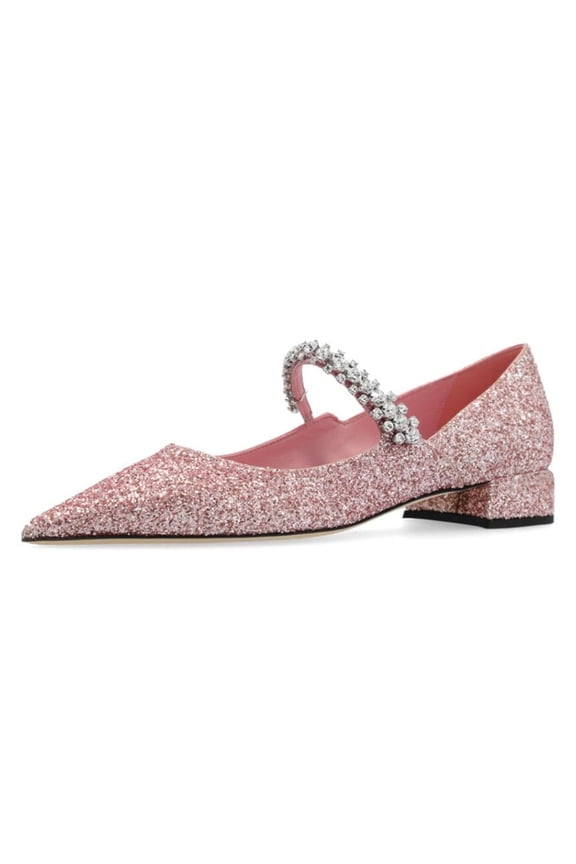 Women Sexy Rhinestones Pointed Toe Glitter Block Low Heels Pumps Band Slip On Office Work Wedding Dress Shoes Size 14 Pink Glitter
