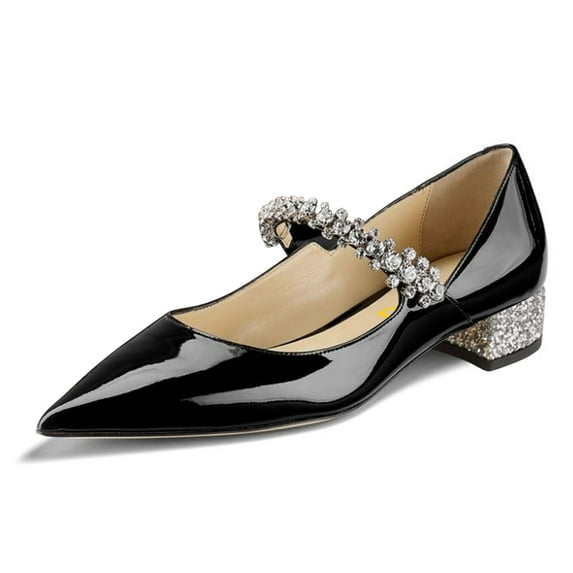 FSJ Women Sexy Rhinestones Pointed Toe Glitter Block Low Heels Pumps Band Slip On Office Work Wedding Dress Shoes Size 8 Black