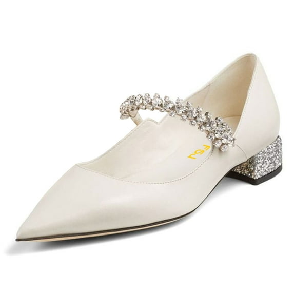 FSJ Women Sexy Rhinestones Pointed Toe Glitter Block Low Heels Pumps Band Slip On Office Work Wedding Dress Shoes Size 8 White