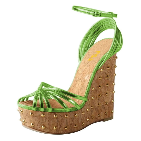 FSJ Women Sexy Rivet Studded Platform Wedges High Heel Sandals Peep Toe Ankle Strap Buckle Strappy Party Vacation Shoes Size 12 Green