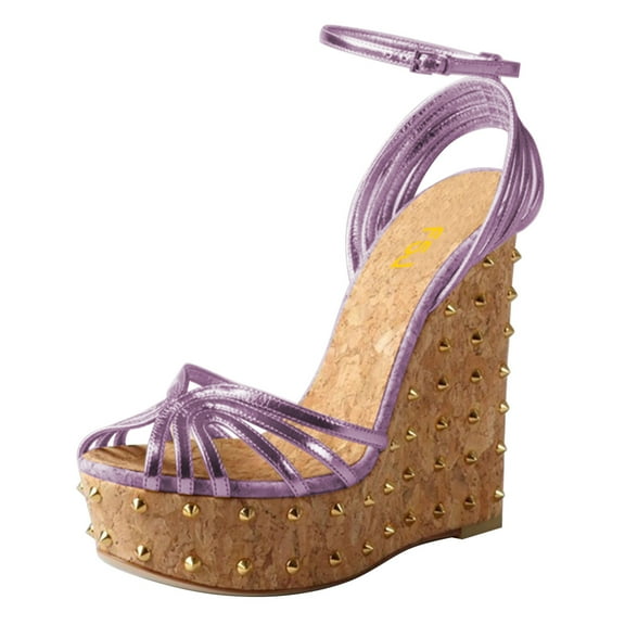 FSJ Women Sexy Rivet Studded Platform Wedges High Heel Sandals Peep Toe Ankle Strap Buckle Strappy Party Vacation Shoes Size 8 Purple