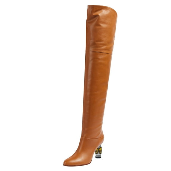FSJ Women Sexy Round Closed Toe Over The Knee Boots Crystal Chunky Thigh High Boots Pull On Stretch Wide Calf Dress Long Boots Shoes Size 13 Brown