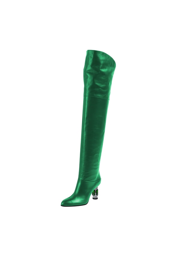 Women Sexy Round Closed Toe Over The Knee Boots Crystal Chunky Thigh High Boots Pull On Stretch Wide Calf Dress Long Boots Shoes Size 16 Green