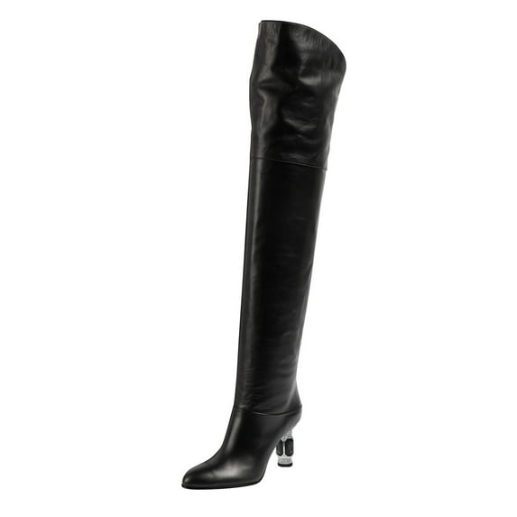FSJ Women Sexy Round Closed Toe Over The Knee Boots Crystal Chunky Thigh High Boots Pull On Stretch Wide Calf Dress Long Boots Shoes Size 6 Black