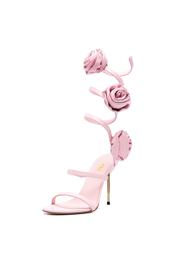 Women Sexy Round Open Toe Rose Floral Spiral Ankle Wrap Pumps Stiletto Thin High Heel Lace-up Sandals Prom Wedding Shoes Size 10 Pink