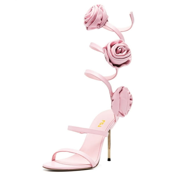 FSJ Women Sexy Round Open Toe Rose Floral Spiral Ankle Wrap Pumps Stiletto Thin High Heel Lace-up Sandals Prom Wedding Shoes Size 12 Pink