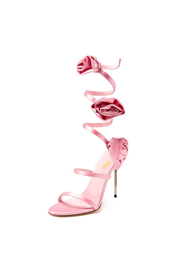 Women Sexy Round Open Toe Rose Floral Spiral Ankle Wrap Pumps Stiletto Thin High Heel Lace-up Sandals Prom Wedding Shoes Size 14 Rosy