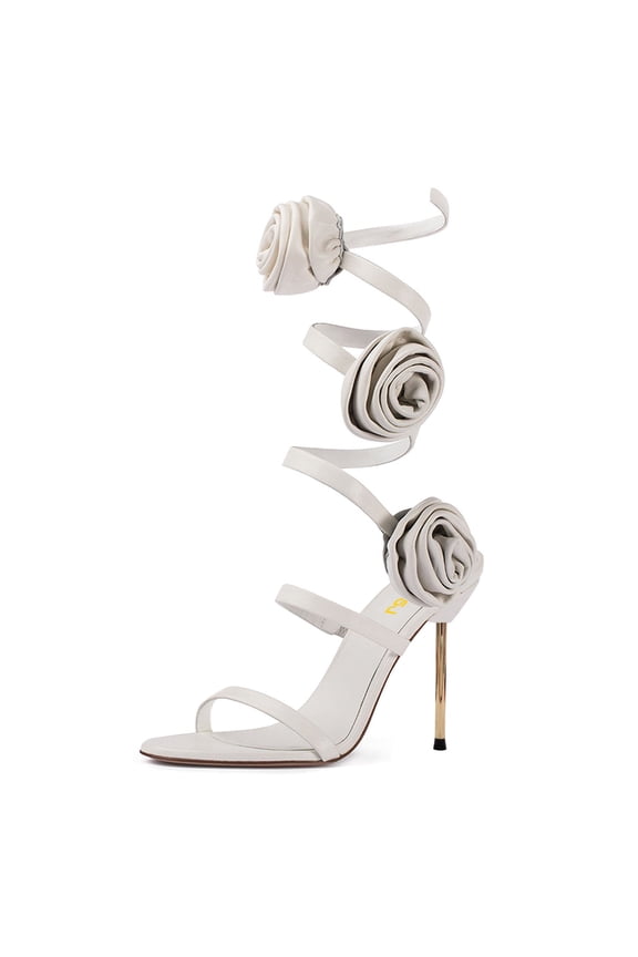 Women Sexy Round Open Toe Rose Floral Spiral Ankle Wrap Pumps Stiletto Thin High Heel Lace-up Sandals Prom Wedding Shoes Size 5 Gray