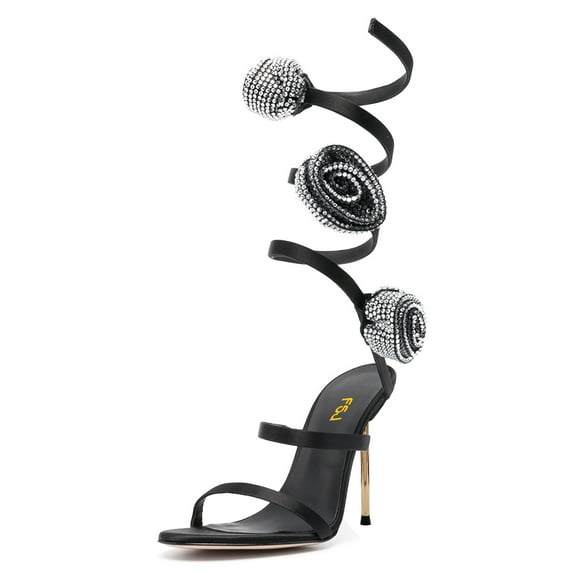 FSJ Women Sexy Round Open Toe Rose Floral Spiral Ankle Wrap Pumps Stiletto Thin High Heel Lace-up Sandals Prom Wedding Shoes Size 8 Black Rhinestone